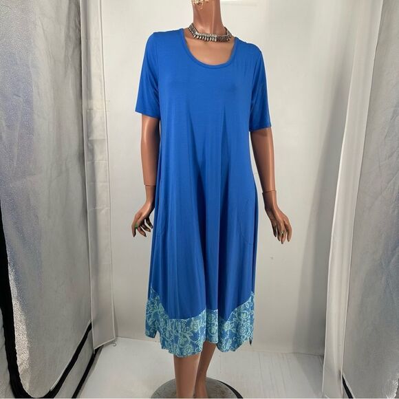 LOGO Lori Goldstein MP Blue S/S Jersey knit Blue Print Handkerchief Hem Dress - Picture 1 of 10
